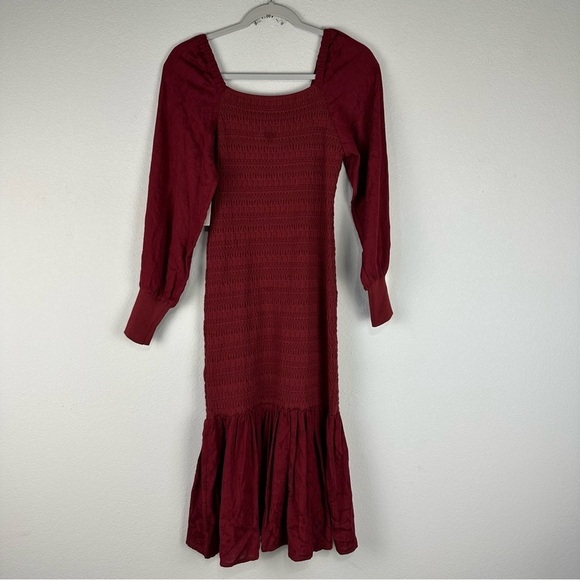 NEW Anthropologie Red Burgundy Long Puff Sleeve Smocked Midi Dress Size XS - Picture 3 of 9
